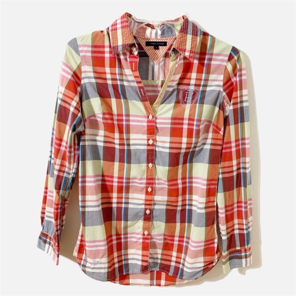 Tommy Hilfiger Button Front Madras Plaid Shirt Pointed Collar Elbow Patches 🧡💙